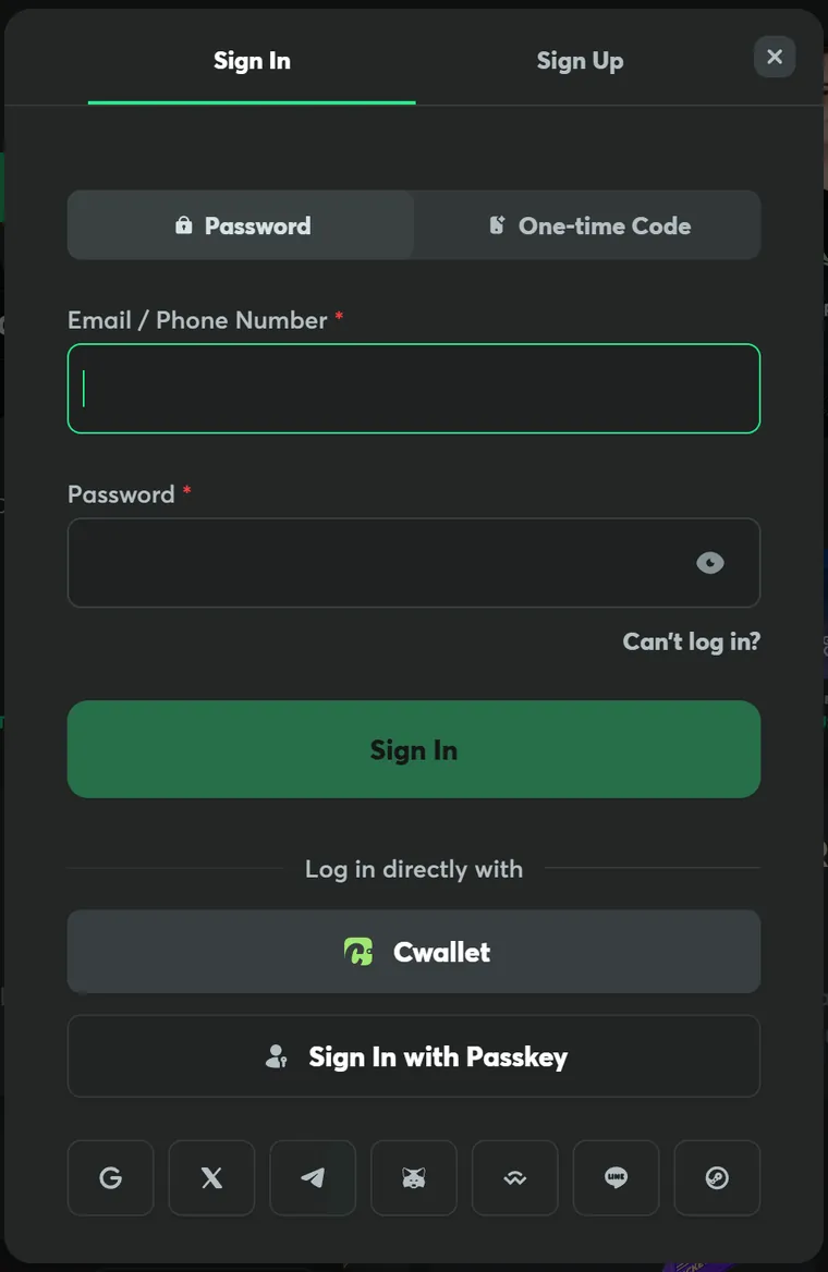 BC.Game sign-in dialog with email and password fields and a row of login buttons including MetaMask and WalletConnect