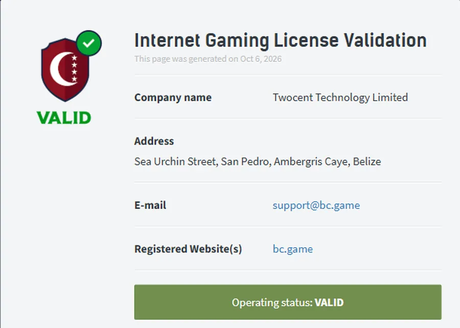 Anjouan licence validation page for Twocent Technology Limited showing operating status valid and the website bc.game