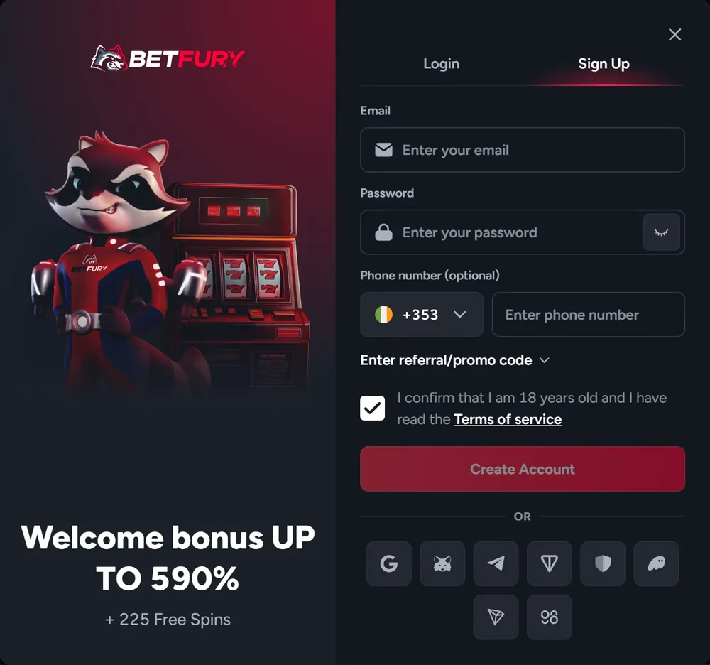 BetFury sign-up dialog with email, password and optional phone fields and eight sign-in icons including MetaMask, TON Connect, Trust Wallet, Phantom, TronLink and Coin98