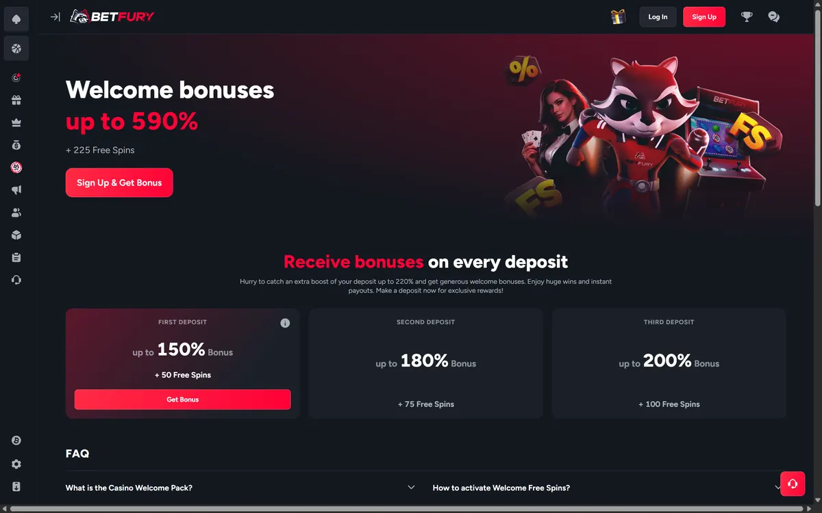 BetFury welcome bonus page showing three deposit bonuses of up to 150%, 180% and 200% with 50, 75 and 100 free spins