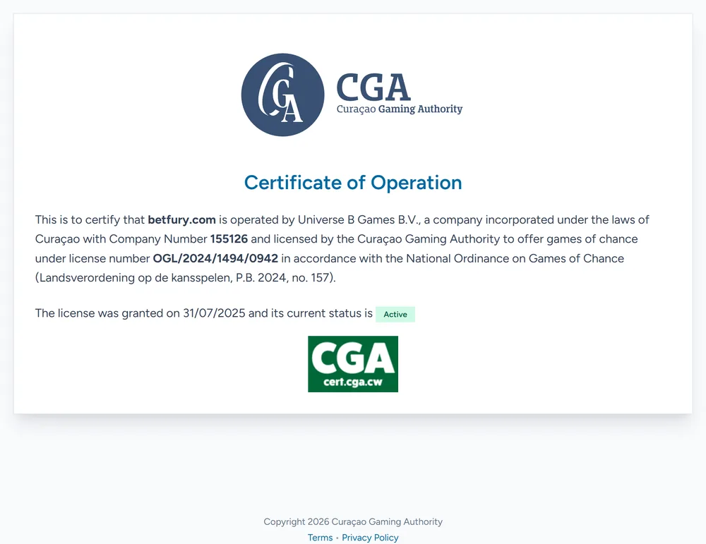 Curaçao Gaming Authority certificate of operation for betfury.com naming Universe B Games B.V. and licence OGL/2024/1494/0942 with status active