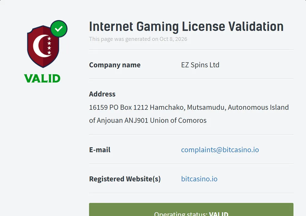 Anjouan gaming licence validation page for bitcasino.io naming EZ Spins Ltd with operating status valid