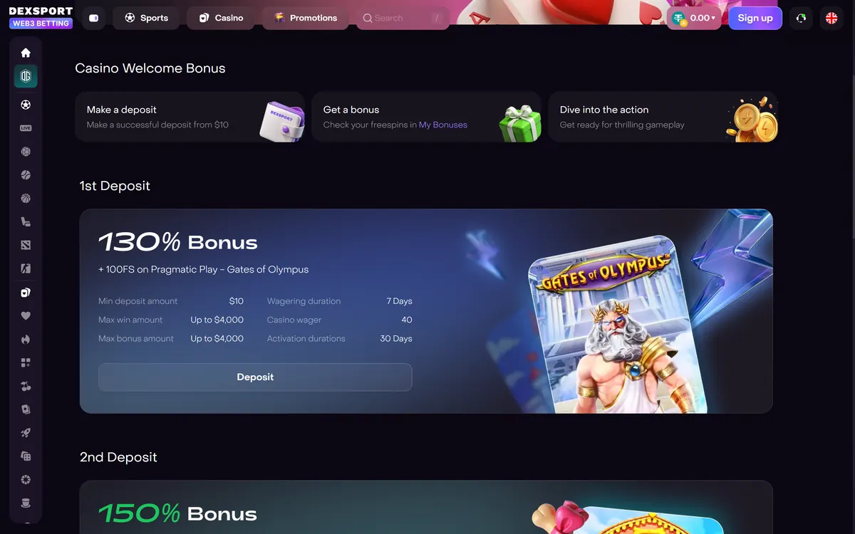 Dexsport casino welcome bonus page showing the first deposit offer of 130% up to $4,000 plus 100 free spins