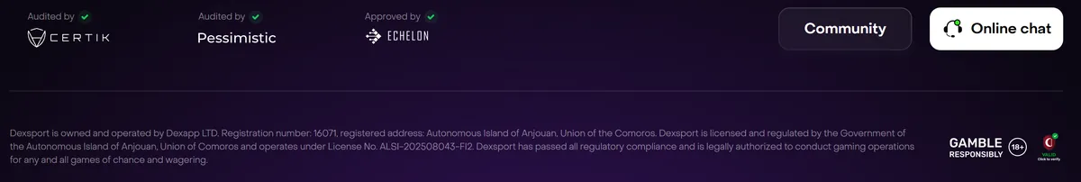 Dexsport footer with the Dexapp LTD company line, the Anjouan licence number and the audit badges