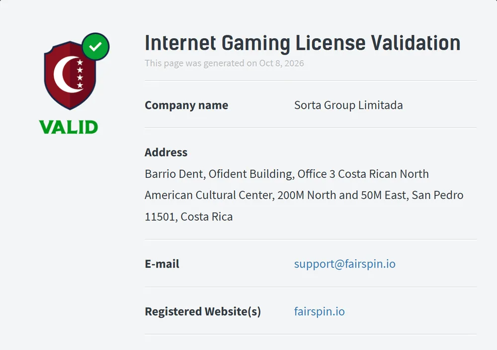 Anjouan gaming licence validation page for fairspin.io naming Sorta Group Limitada with operating status valid