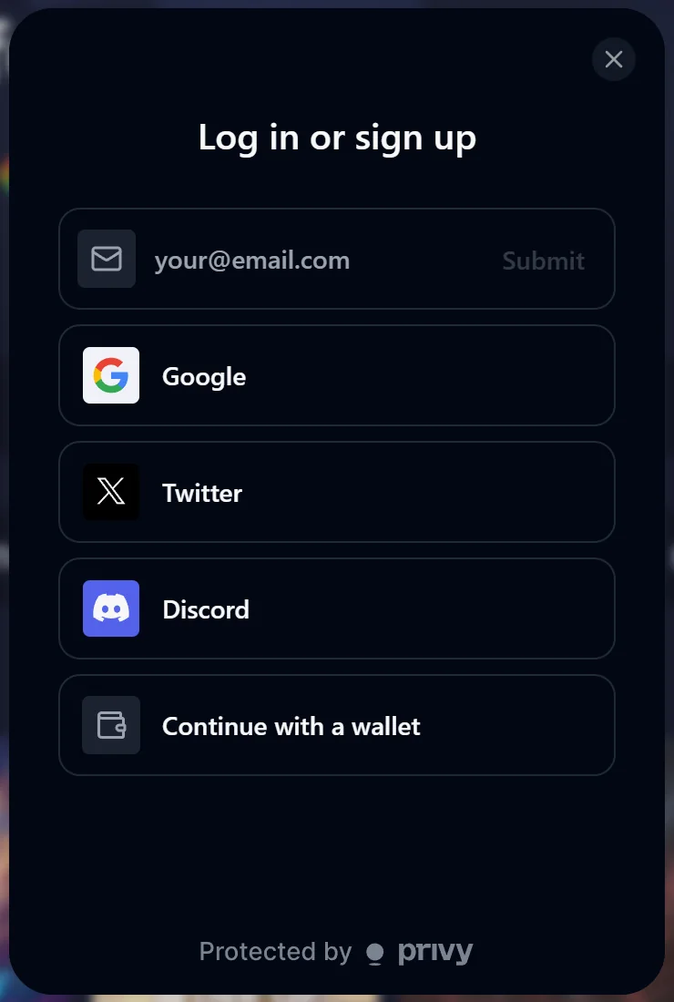 Just.bet log in or sign up dialog by Privy with an email field, Google, Twitter, Discord and Continue with a wallet buttons