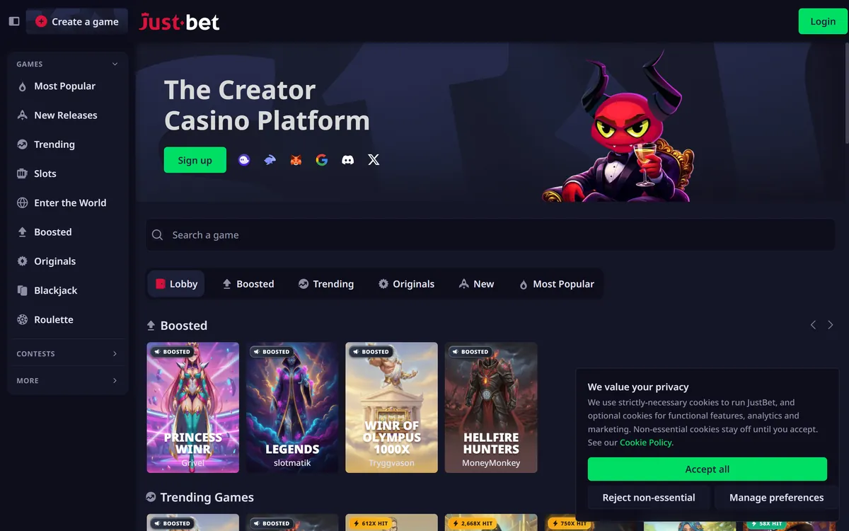 Just.bet home page