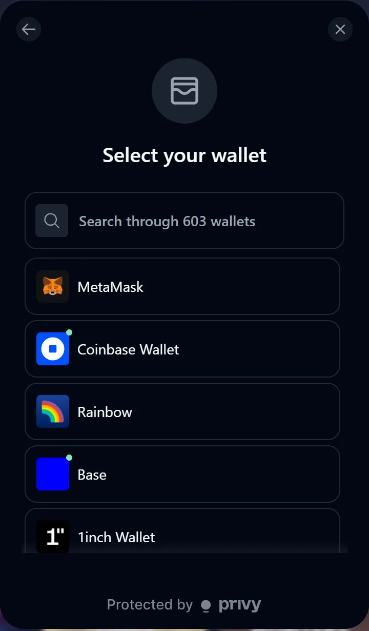 Just.bet Select your wallet screen with a search box over 603 wallets and MetaMask, Coinbase Wallet, Rainbow, Base and 1inch Wallet listed