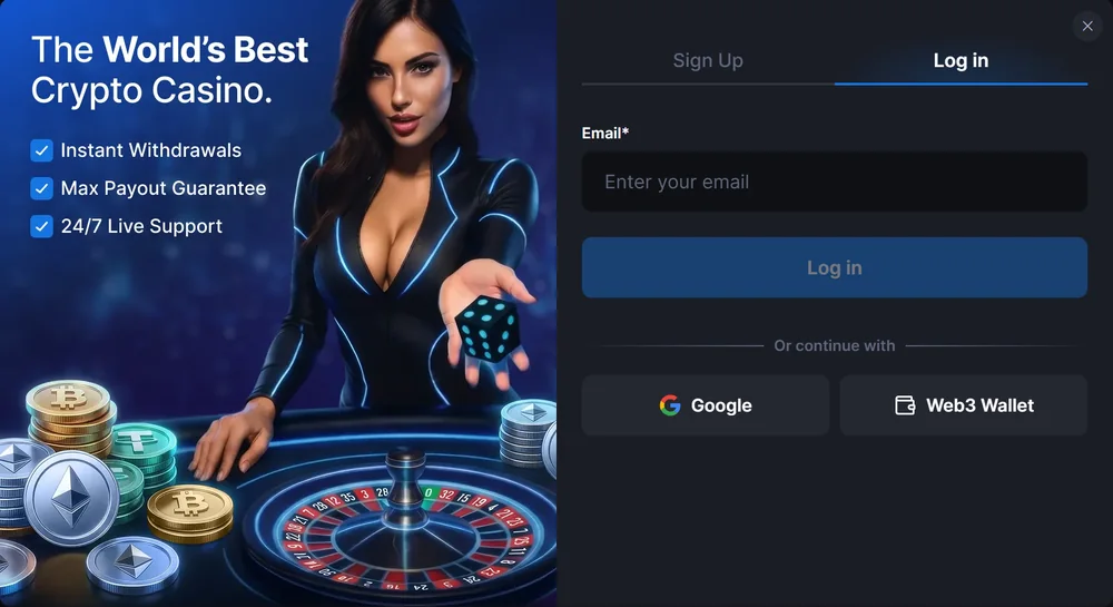 Metawin login dialog with an email field, a Log in button and Google and Web3 Wallet buttons under Or continue with
