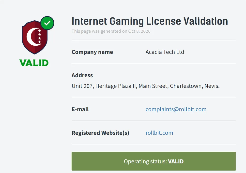 Anjouan gaming licence validation page for rollbit.com naming Acacia Tech Ltd with operating status valid