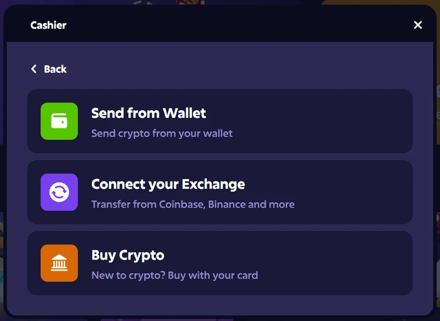 Roobet crypto deposit screen with Send from Wallet, Connect your Exchange and Buy Crypto options