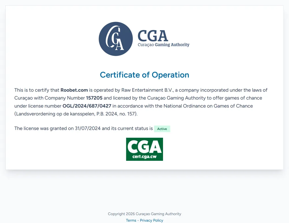 Curaçao Gaming Authority certificate of operation for Roobet.com naming Raw Entertainment B.V. and licence OGL/2024/687/0427 with status active