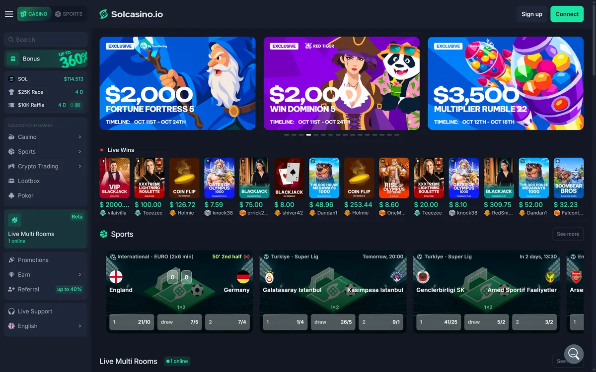 Solcasino home page
