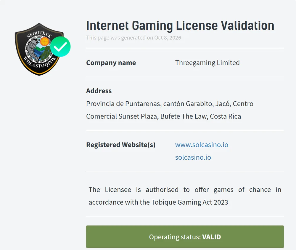 Tobique Gaming Commission licence validation page for solcasino.io naming Threegaming Limited with operating status valid