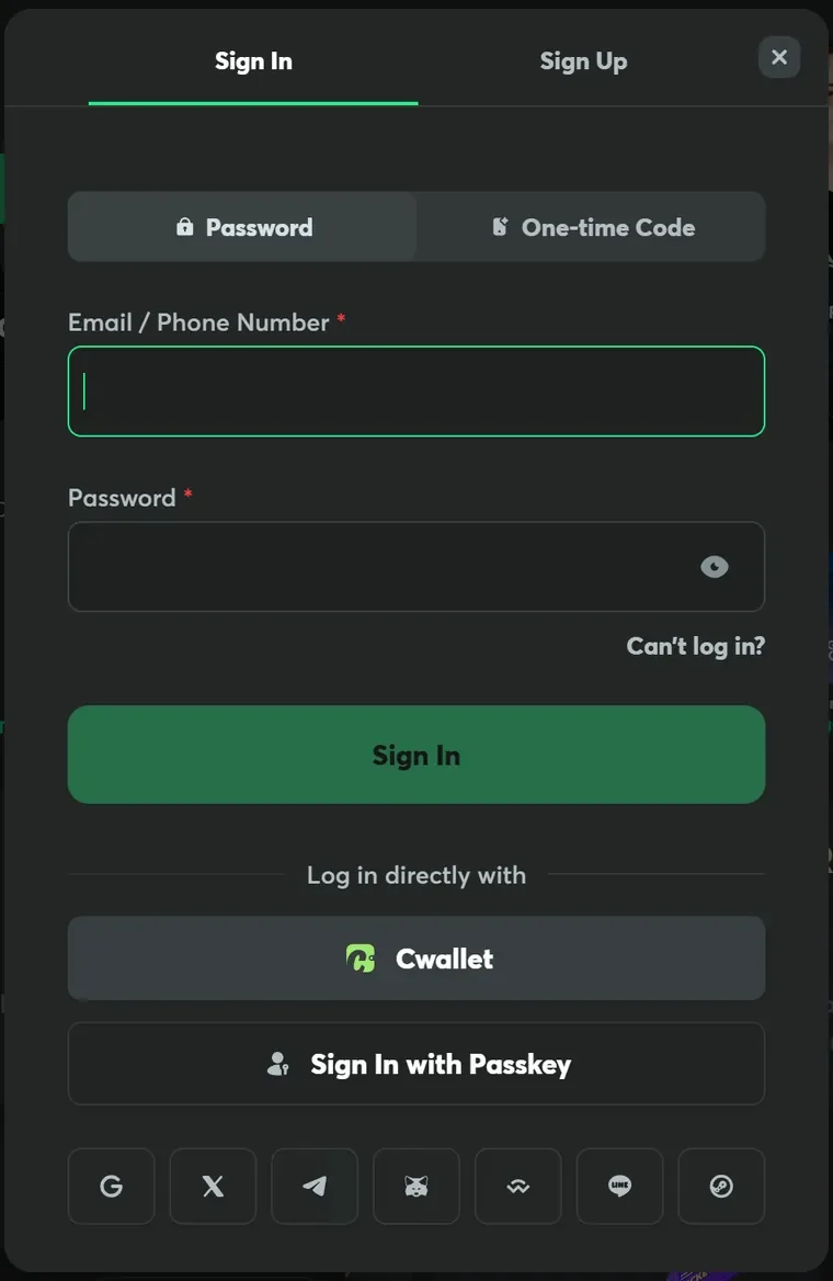 Binance Web3 Wallet casino login: BC.Game's sign-in dialog with the WalletConnect icon that takes the Binance app by QR code