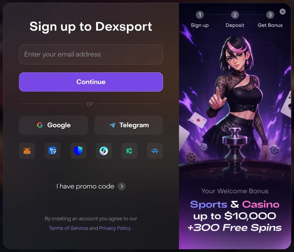 Bitget Wallet casino login: Dexsport's sign-up dialog with Bitget Wallet fourth of six wallet icons under the email field
