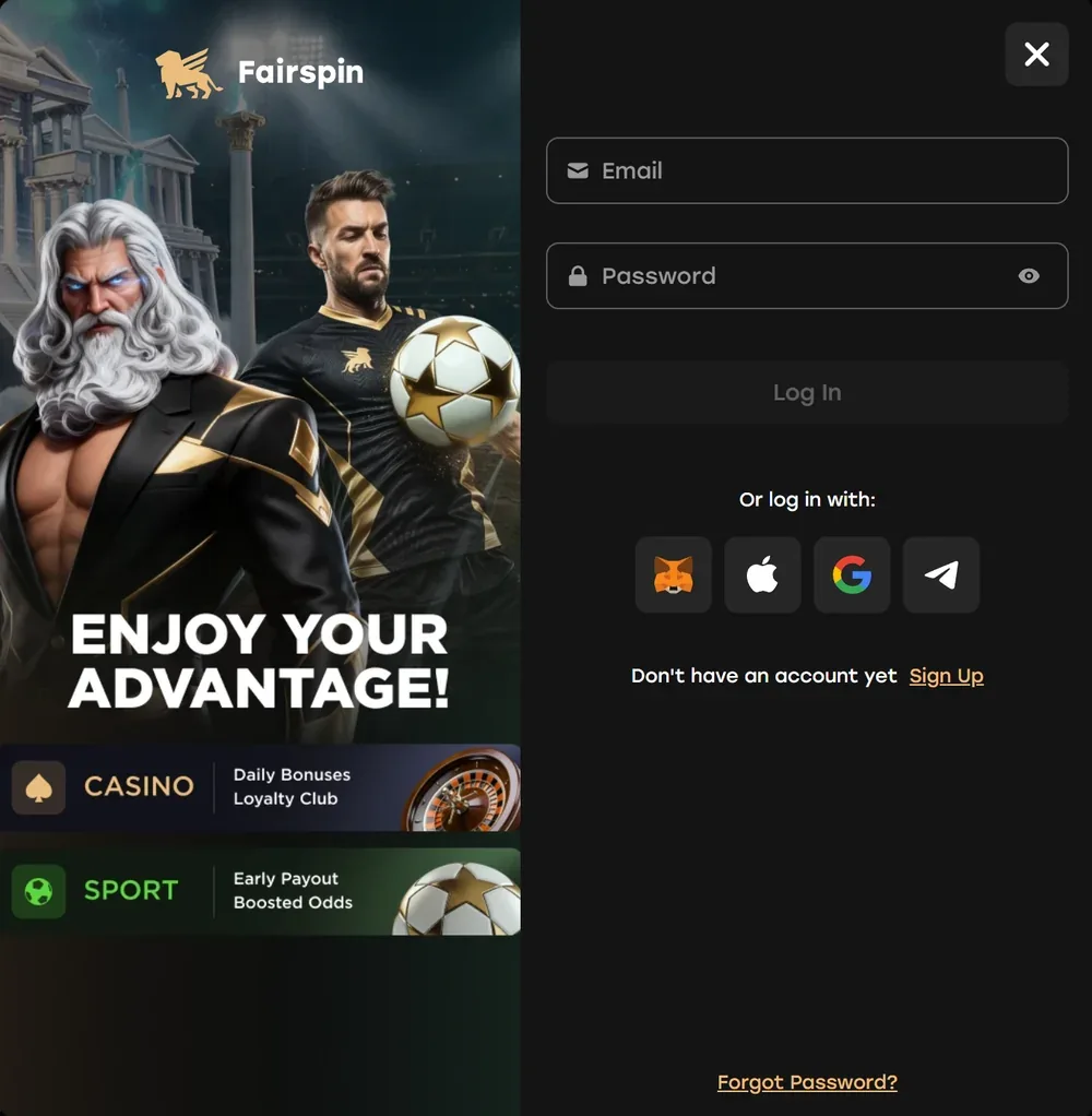 Exodus wallet casino: Fairspin's login with MetaMask, Apple, Google and Telegram, a casino that takes Exodus coins by address only