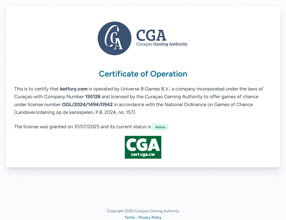 Is Web3 gambling legal: the Curaçao Gaming Authority certificate of operation for betfury.com, naming Universe B Games B.V. and licence OGL/2024/1494/0942 with status active