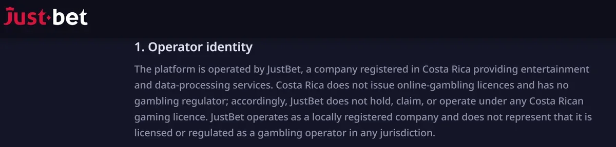 On-chain vs custodial: clause 1 of the Just.bet terms, stating that JustBet holds no gaming licence and is not regulated as a gambling operator in any jurisdiction