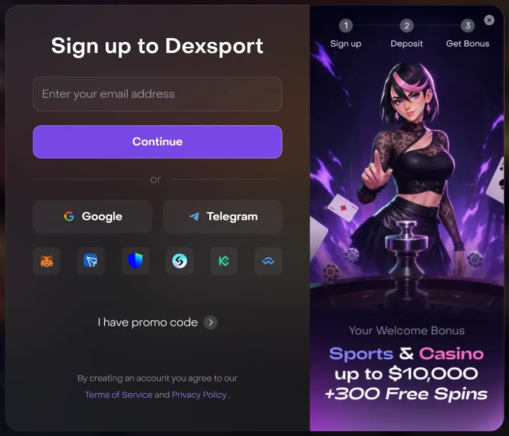 Trust Wallet casino login: Dexsport's sign-up dialog with Trust Wallet third of six wallet icons under the email field