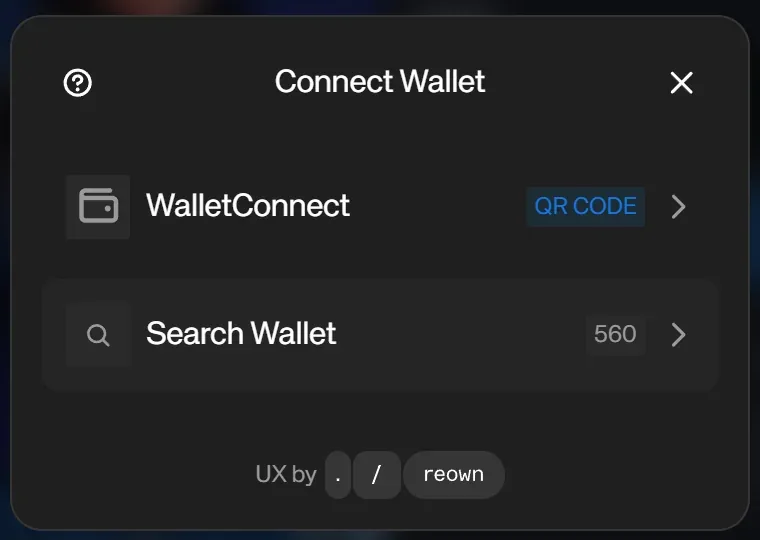WalletConnect explained: Metawin's Connect Wallet modal with the WalletConnect QR code row and a search over 560 wallets