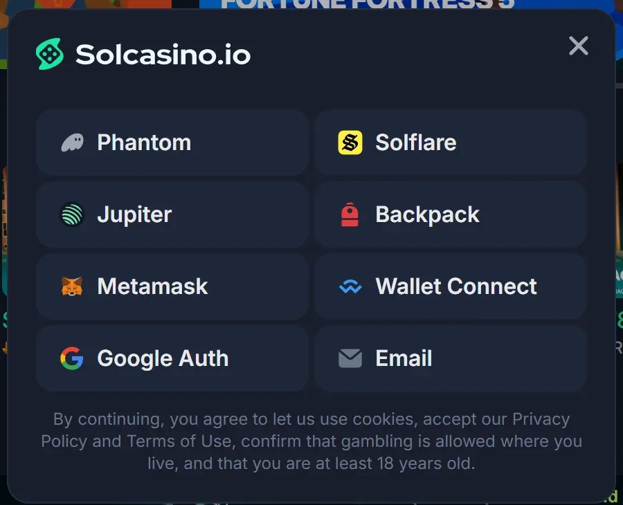 Web3 casino glossary: Solcasino's connect window with Phantom, Solflare, Jupiter, Backpack, MetaMask and WalletConnect tiles, Google and email, the wallets and routes the terms below name
