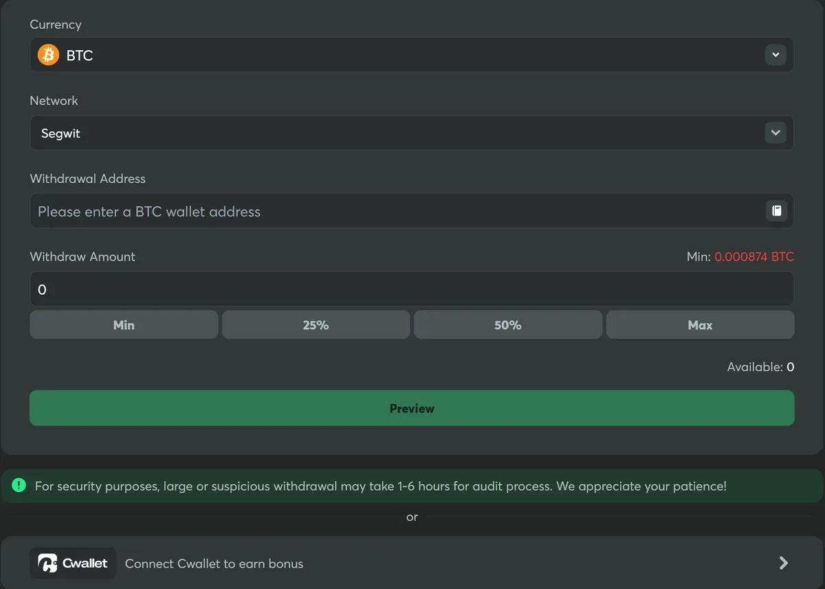 Withdraw from a Web3 casino: BC.Game's withdraw screen for Bitcoin on Segwit with a pasted address field, a minimum of 0.000874 BTC and a Preview button that shows the fee